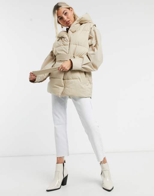 Bershka padded gilet with hood in ecru | ASOS