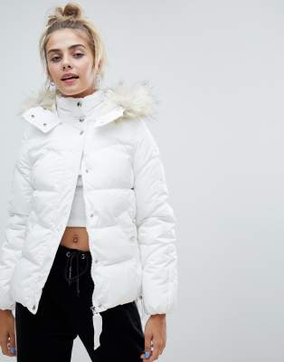 white padded coat with fur hood