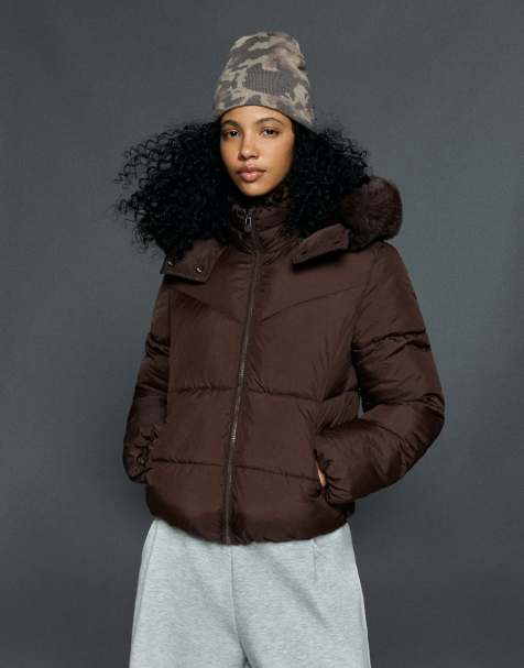 Bershka Padded jacket with fur hood in brown - view 1