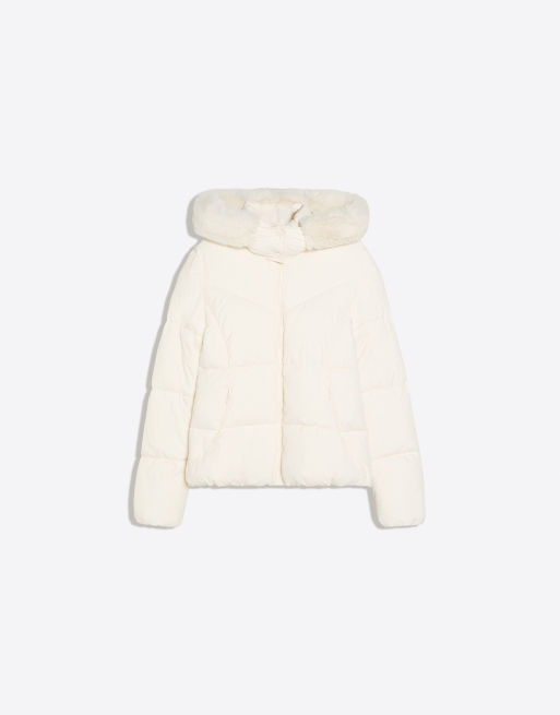 Bershka Padded jacket with fur hood in ecru, 5 of 5