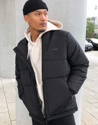 Bershka padded puffer jacket with hood in reflective gray