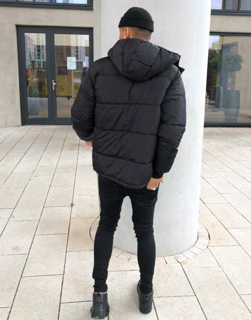 Bershka padded puffer jacket with hood in discount black