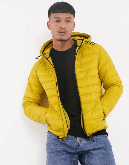 Bershka padded puffer jacket with hood in mustard | ASOS