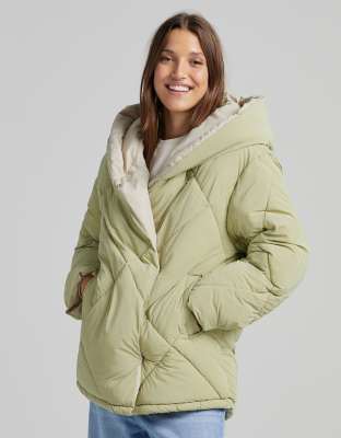 Bershka Padded Quilted Jacket In Khakigreen ModeSens