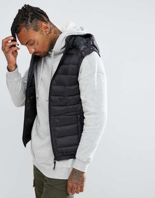 Bershka Padded Vest With Hood In Black