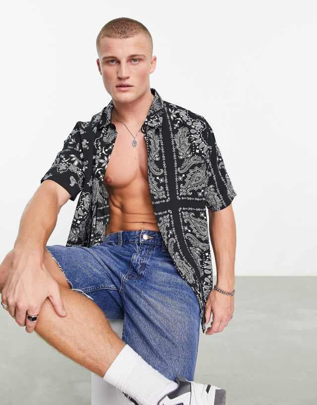 Bershka paisley printed shirt in black and white