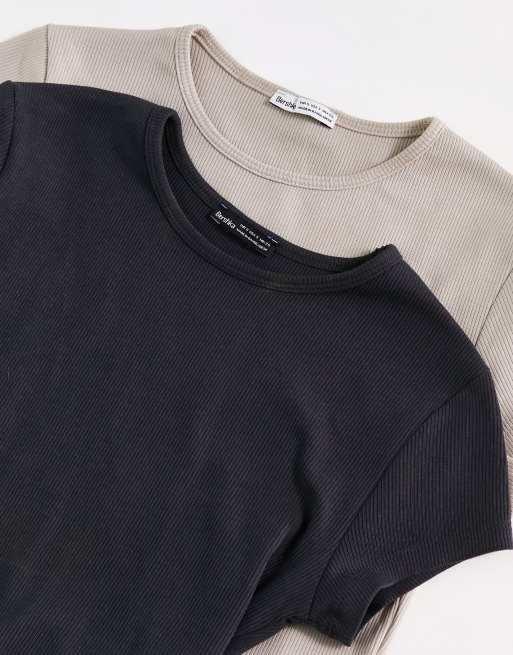 Bershka - Pakke med 2 ribstrikkede baby-T-shirts i koksgrå og lysegrå, 4 af 4