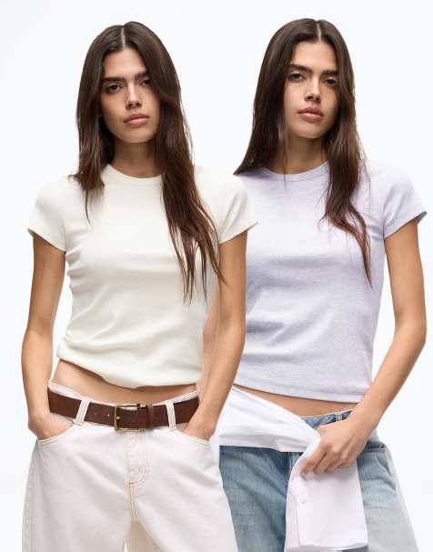 Bershka - Pakke med 2 ribstrikkede T-shirts med korte ærmer i hvid og blå - view 1