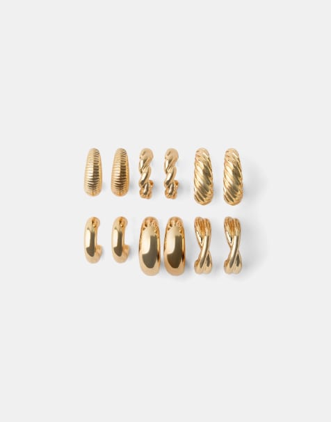 Bershka pakke med 6 hoop-øreringe i guld - view 1