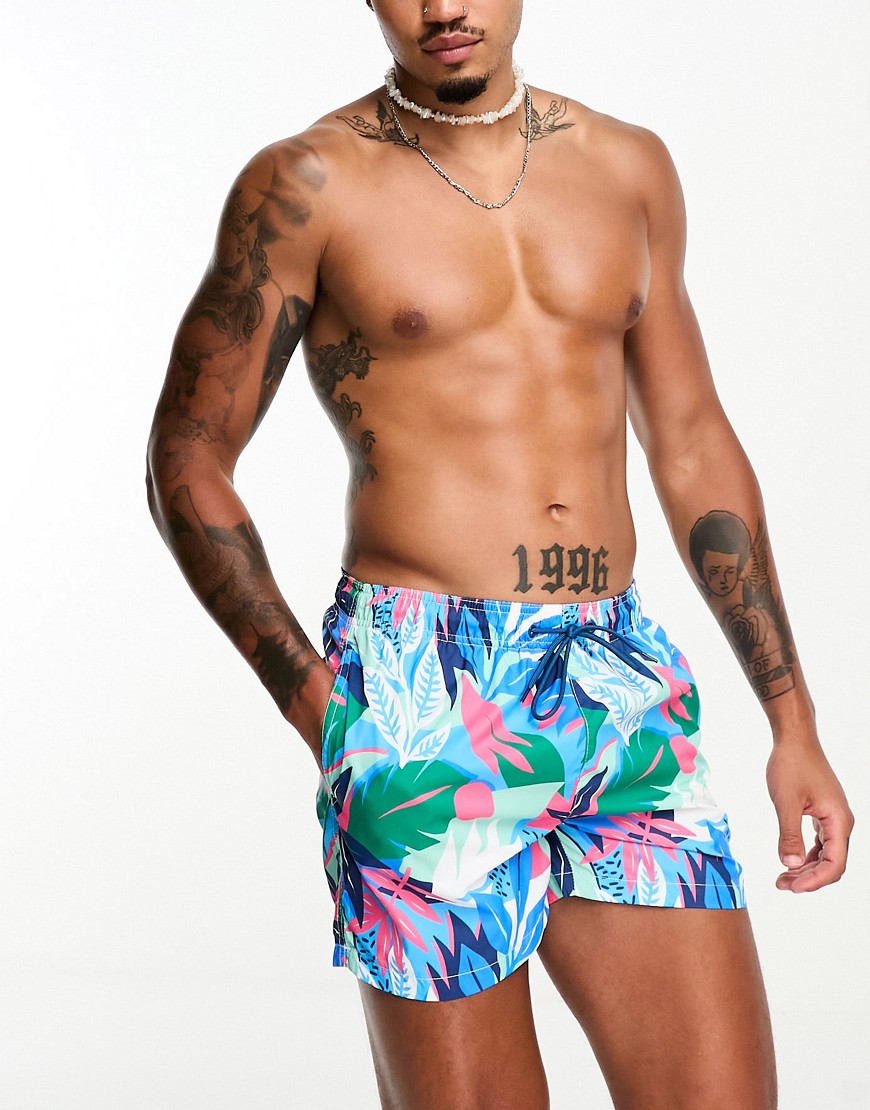 Bershka palm print swim shorts in blue