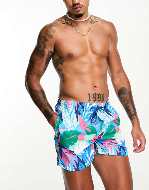 Bershka palm print swim shorts in blue ASOS