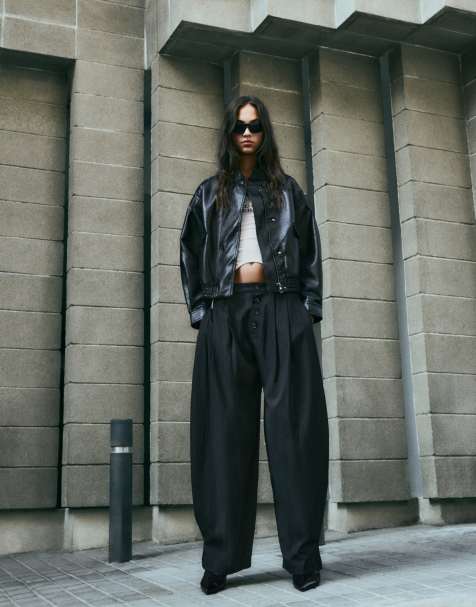 Bershka pantalon à plis latéraux noir et blanc - view 1