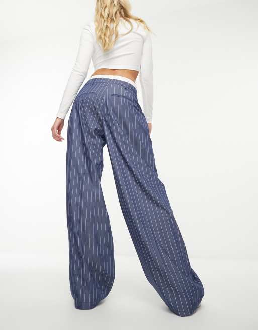 Bershka Pantalon ample taille boxeur et fines rayures Bleu