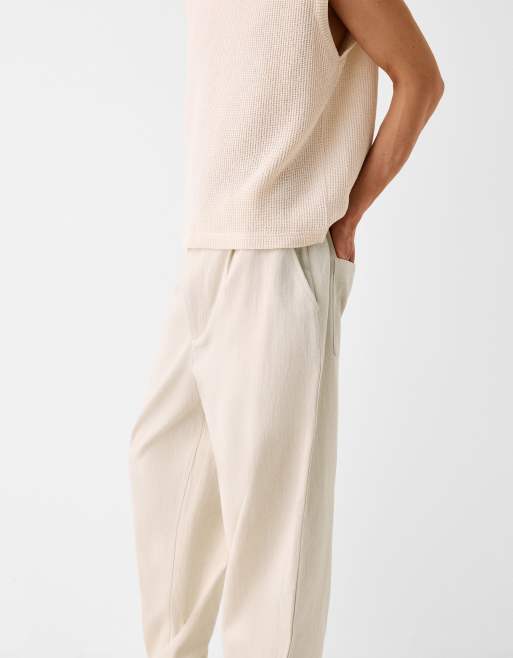 Bershka - Pantalon ample et ajusté en lin - Sable, 4 de 5