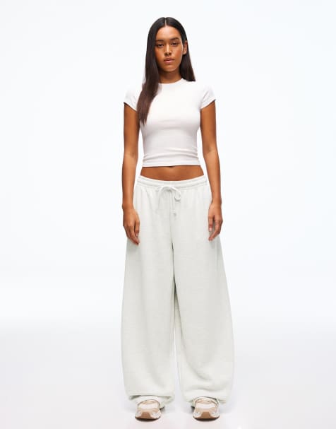 Bershka - Pantalon barrel en tissu duveteux à cordons de serrage - Gris clair - view 1