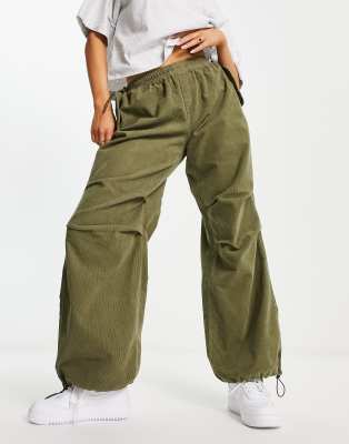 Bershka corduroy parachute pants in khaki - ASOS Price Checker