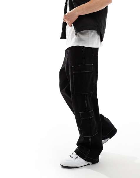Bershka - Pantalon cargo à coutures contrastantes - Noir - view 1