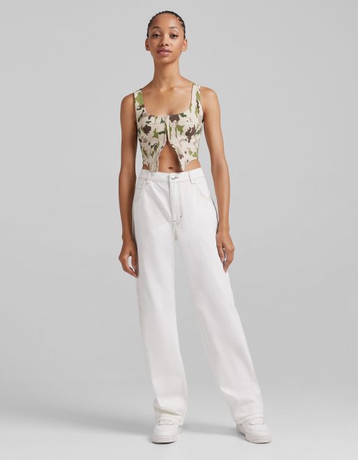 Bershka Pantalon cargo ample coutures contrastantes cru ASOS