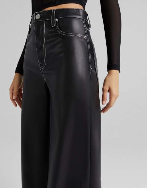Bershka - Pantalon dad large en similicuir à coutures contrastantes - Noir, 3 de 4