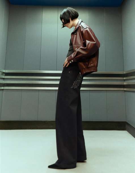 Bershka - Pantalon droit à strass et taille basse - Noir - view 1