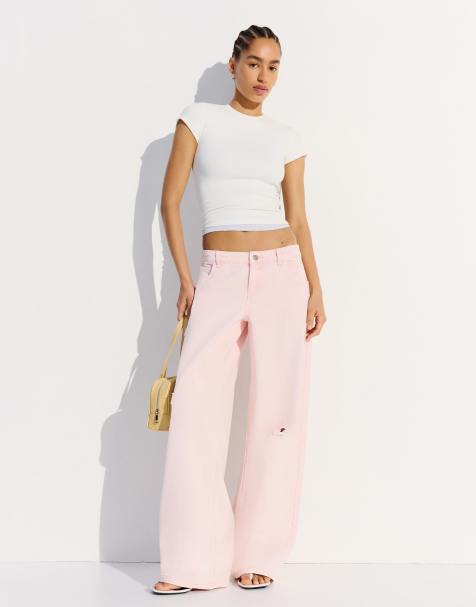 Bershka - Pantalon effet délavé avec déchirures - Rose délavé - view 1