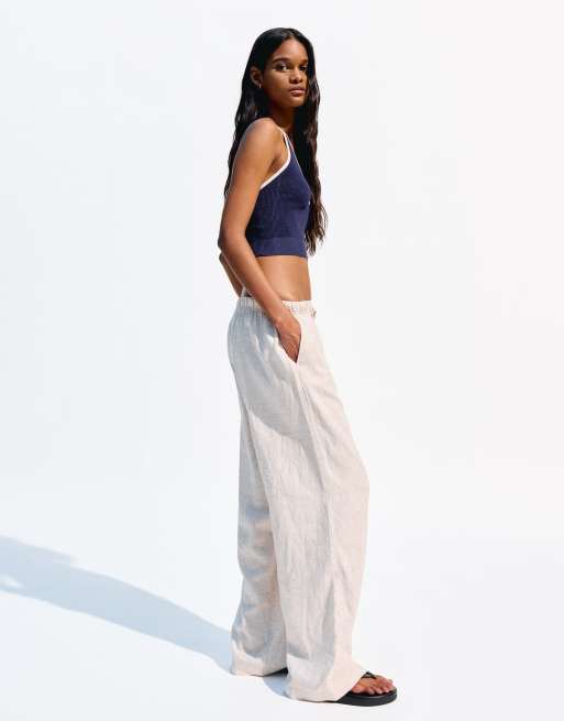 Bershka - Pantalon en lin majoritaire avec taille élastique - Blanc crème, 3 de 4