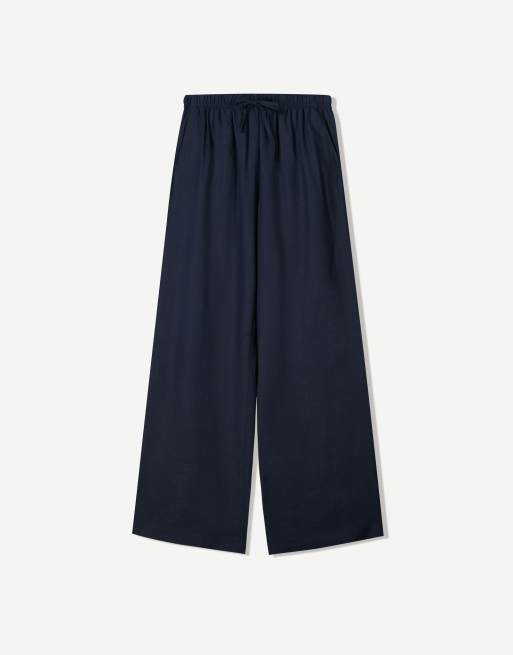 Bershka - Pantalon en lin majoritaire avec taille élastique - Bleu marine, 3 de 4