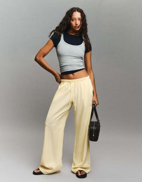 Bershka - Pantalon en lin majoritaire avec taille élastique - Jaune clair - view 1
