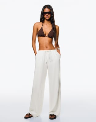 Bershka - Pantalon en lin mélangé avec taille élastique - Blanc