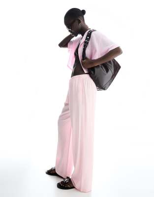 Bershka - Pantalon en lin mélangé avec taille élastique - Rose