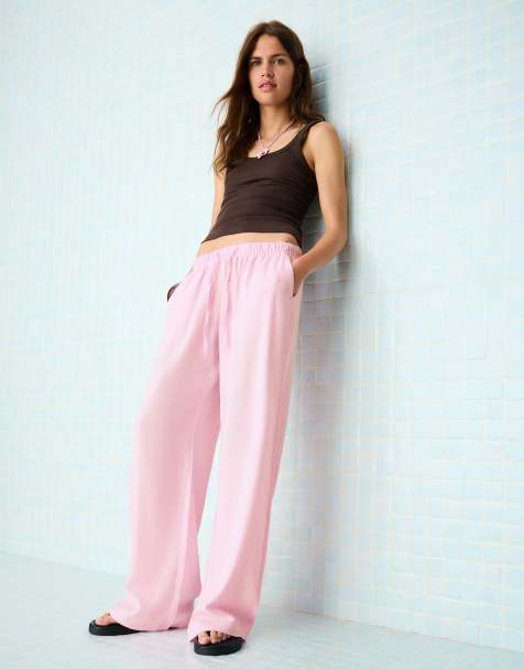 Bershka - Pantalon en lin mélangé avec taille élastique - Rose - view 1