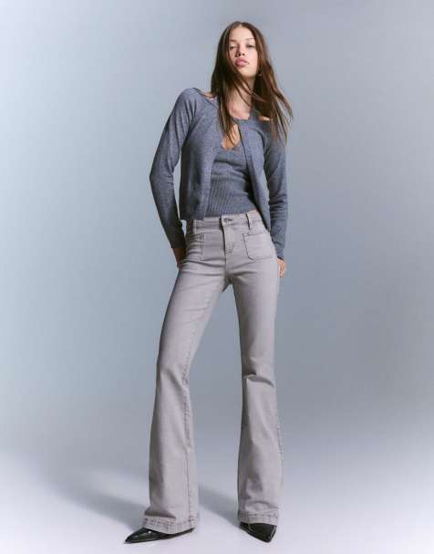 Bershka - Pantalon évasé à rabats et poches - Gris clair - view 1