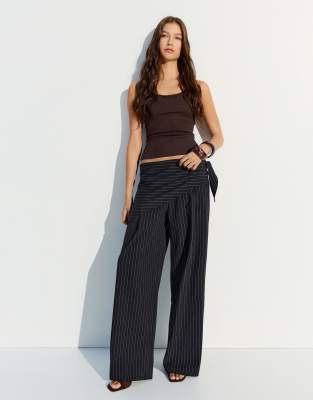 Pantalon habillé à ceinture foulard - Bleu-Bleu marine 42