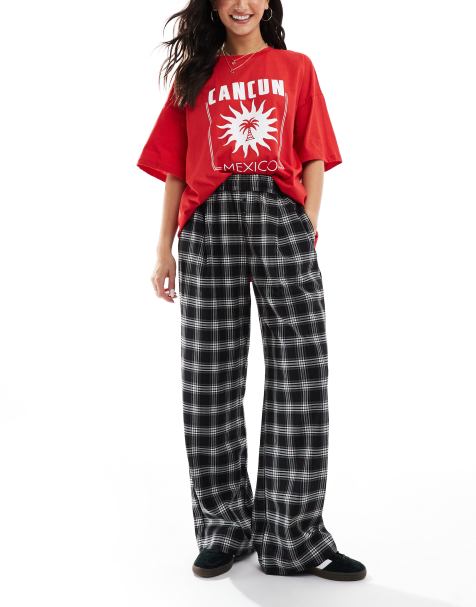 Bershka - Pantalon large à carreaux avec liens à la taille - Noir - view 1