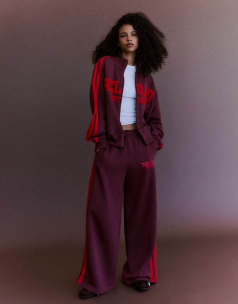 Bershka pantalon large brodé en velours bordeaux - view 1