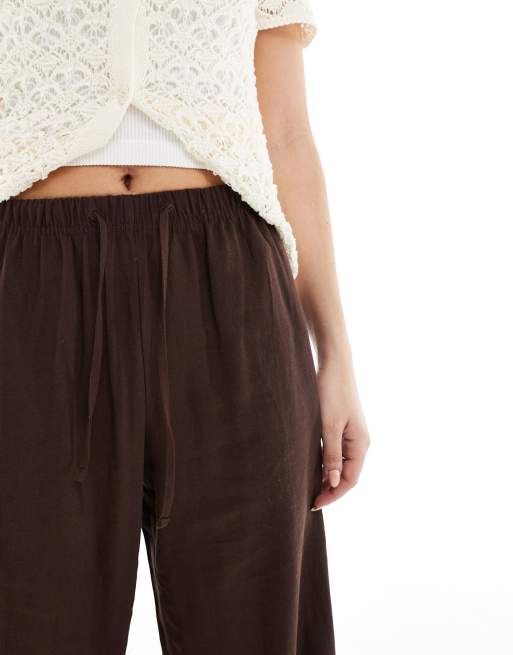 Bershka - Pantalon large en lin noué à la taille - Marron , 4 de 5