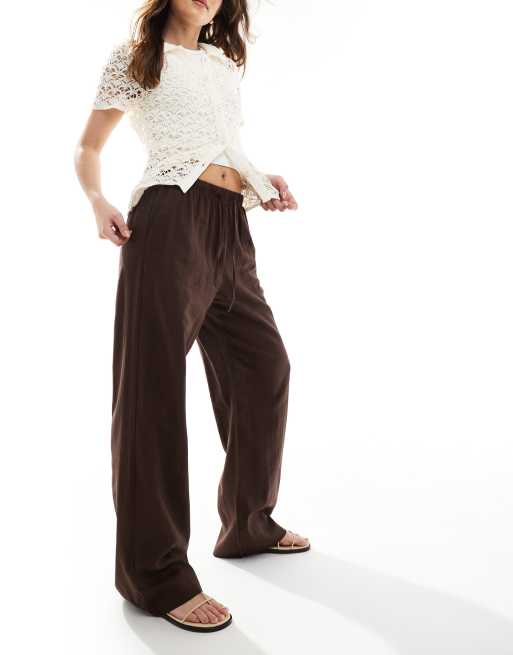 Bershka - Pantalon large en lin noué à la taille - Marron , 5 de 5