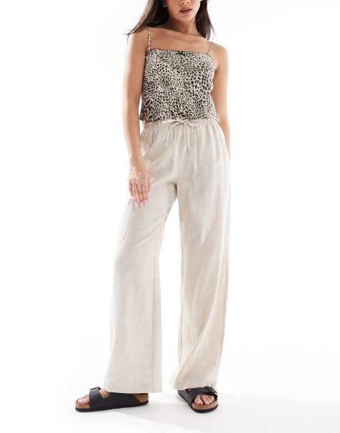 Bershka - Pantalon large en lin noué à la taille - Sable - view 1