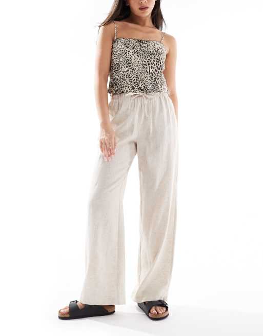 Bershka - Pantalon large en lin noué à la taille - Sable