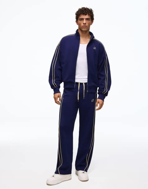 Bershka pantalon large en piqué avec passepoil bleu marine - view 1