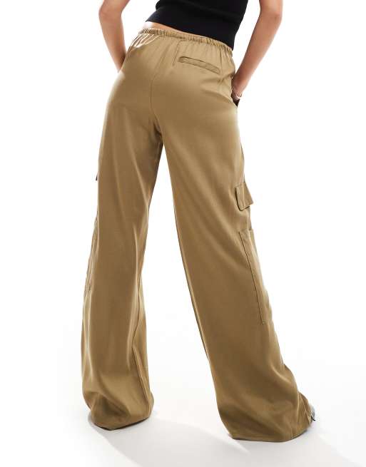 Bershka - Pantalon large noué à la taille avec poches - Kaki, 3 de 5