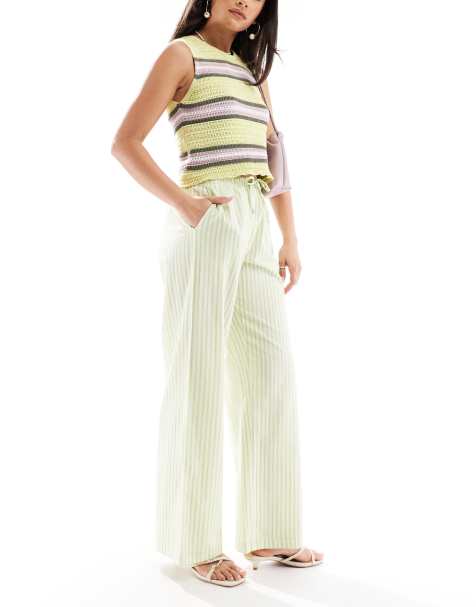 Bershka - Pantalon large rayé en lin à taille nouée - Citron vert - view 1