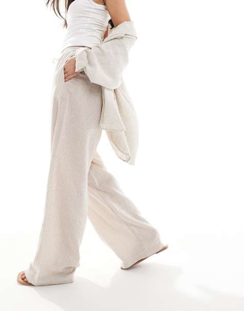 Bershka - Pantalon large rayé en lin à taille nouée - Écru - view 1