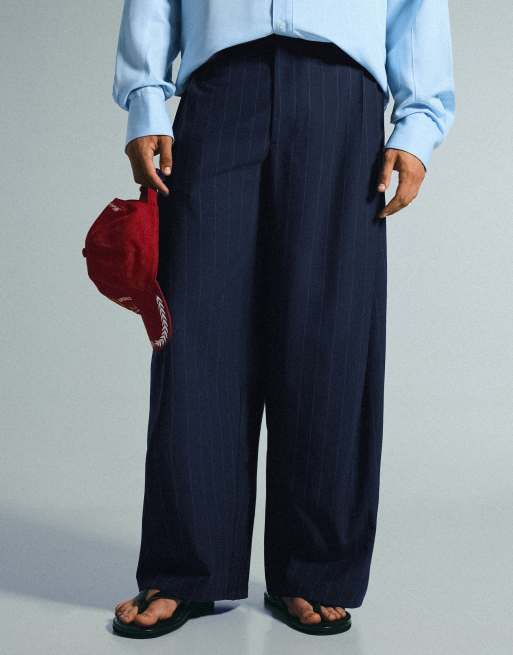Bershka pantalon super baggy à rayures fines avec pinces bleu, 2 de 5