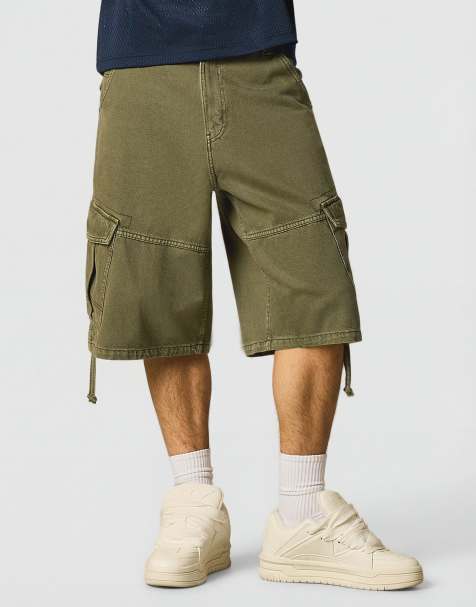 Bershka - Pantaloncini bermuda cargo stile parachute in denim kaki - view 1