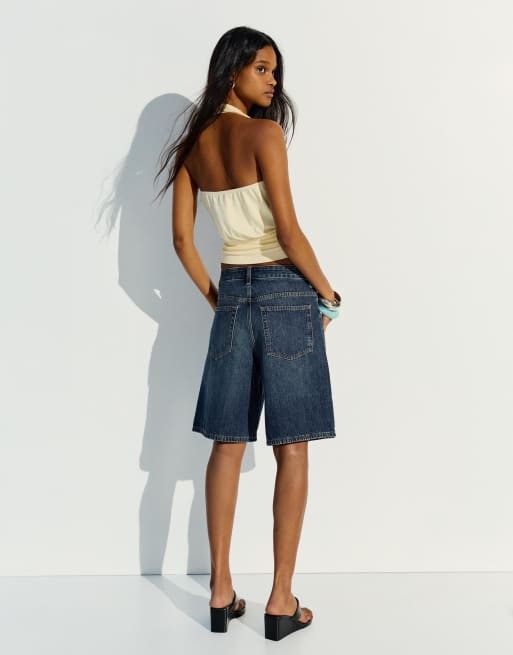 Bershka - Pantaloncini bermuda in denim blu denim con vita incrociata, 3 di 6