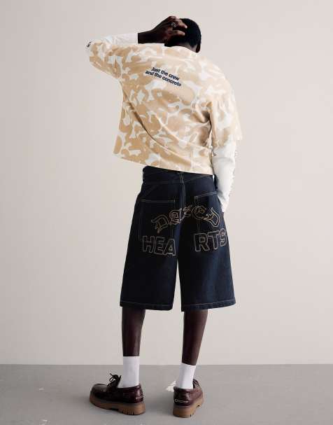 Bershka - Pantaloncini bermuda skater in denim blu ricamato - view 1