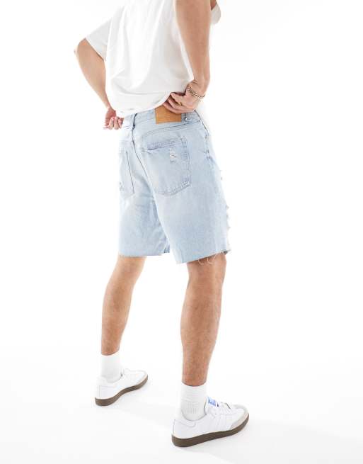 Bershka Pantaloncini di jeans strappati azzurri