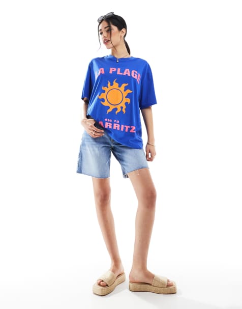 Bershka - Pantaloncini di jeans taglio lungo a vita alta blu medio con fondo grezzo - view 1