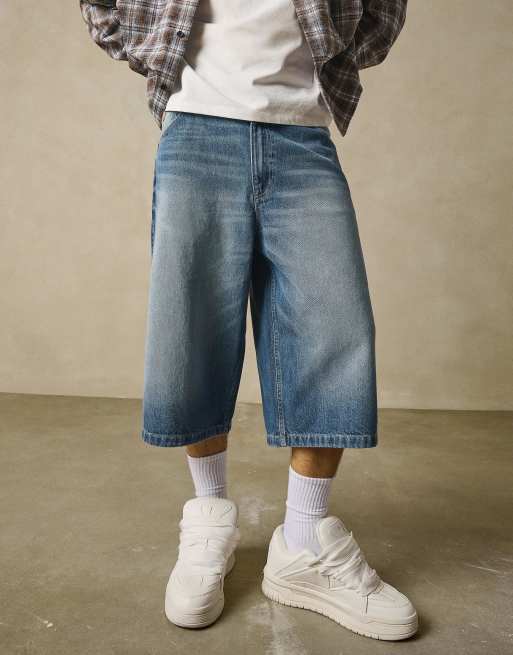 Bershka - Pantaloncini in denim stile bermuda extra larghi blu medio, 3 di 4